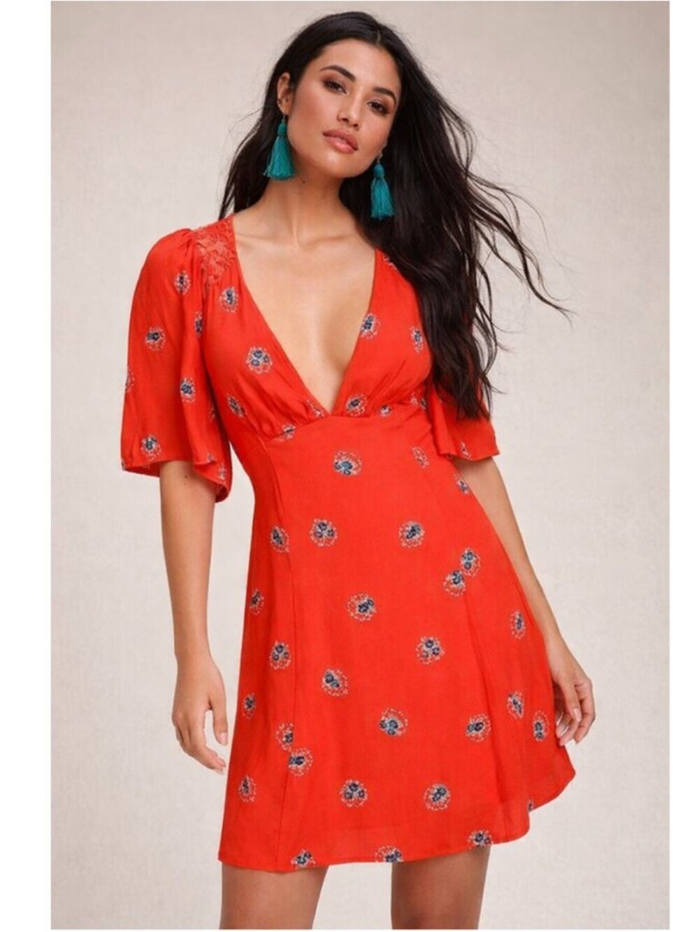 Free People Mini Dress Red Floral Print 2